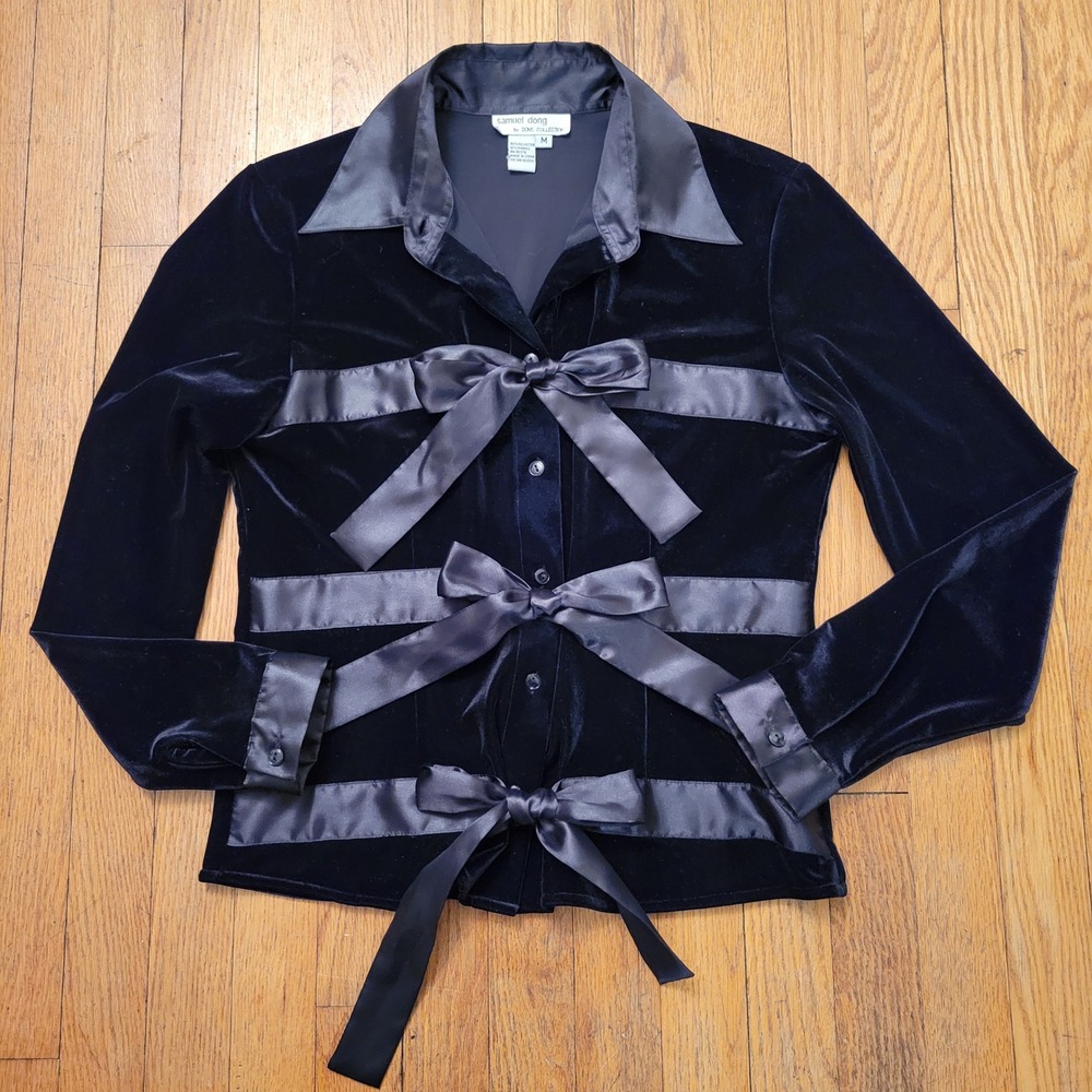 Samuel Dong DONS Black Velvet Satin Bow Blouse M Whimsigoth Coquette Romancecore